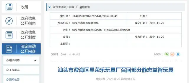 汕头市澄海区星荣乐玩具厂召回部分静态益智玩具