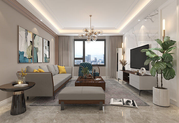 金地悦峰185㎡三室两厅现代美式风格装修案例效果图